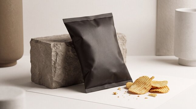 Matte Black Snack Pouch Mockup with Rippled Potato Chips on Stone Podium
