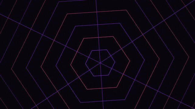 Abstract neon hexagon grid rotating on dark background with retro synth style.