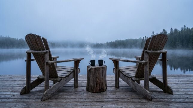 Cozy wooden Adirondack chairs sitting peacefully on a rustic wooden dock facing a calm misty lake featuring two steaming hot mugs resting on a tree stump during early morning tranquil wilderness lands