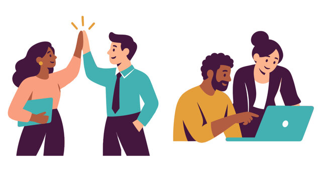 Coworkers high fiving and collaborating at a laptop