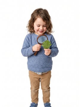 Curious child examining a green leaf with a magnifying glass on a white background, representing science education, nature exploration and discovery.