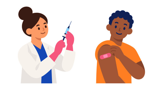 Nurse prepares a vaccine syringe beside man with arm bandage