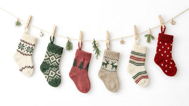 A delightful collection of festive christmas socks hanging on a clothesline perfect for gifting, JPEG