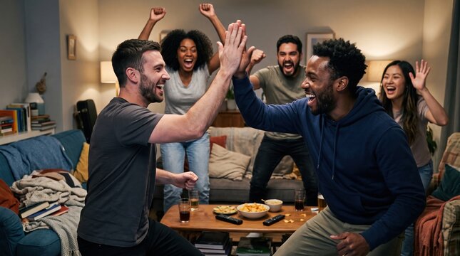 Friends cheering and high fiving in living room