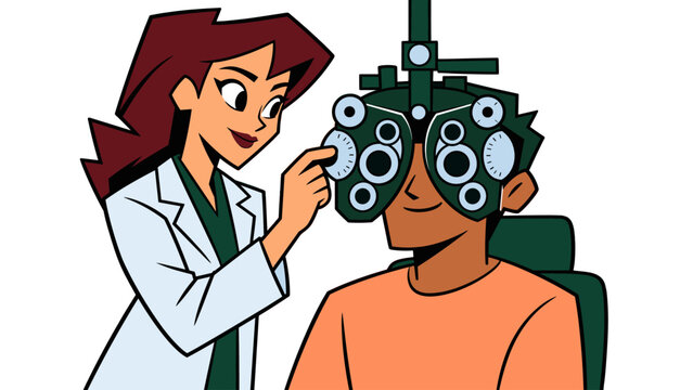 Optometrist adjusts phoropter during a patient eye exam