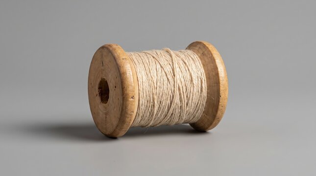 Close-up of a wooden bobbin with hand-wound thread on a neutral