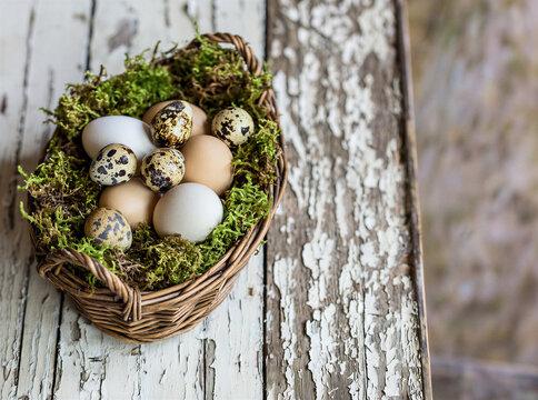 Wicker basket with speckled eggs and moss on a white table