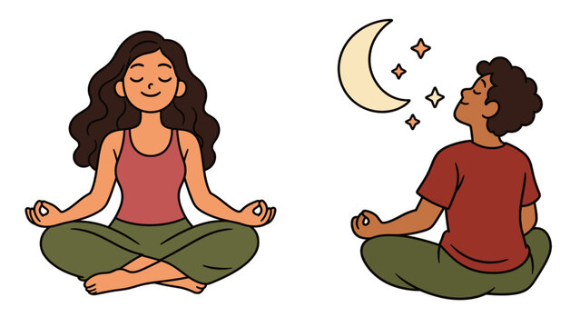 People meditating beneath a crescent moon and stars
