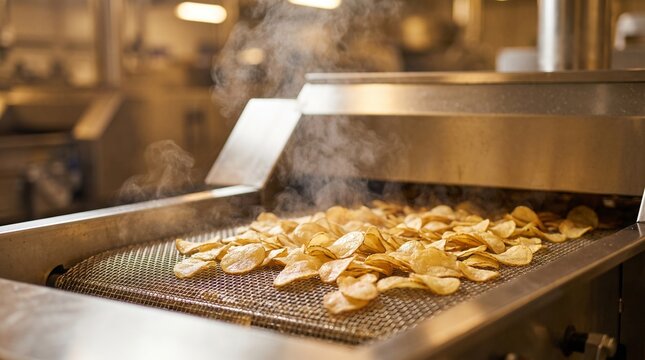 Potato chips moving along a metal conveyor belt inside a commercial factory production highlighting industrial snack preparation methods and quality food processing operations