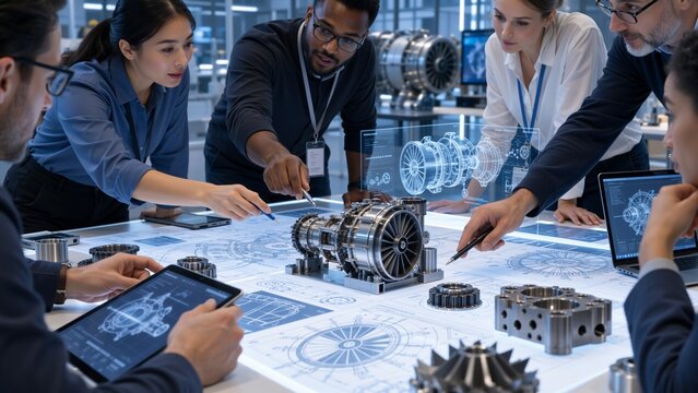 Diverse engineering team collaborates around aerospace turbine prototypes and technical blueprints, using digital tablets and holographic design tools in a modern research laboratory.