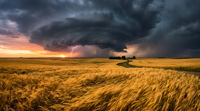 Lightning strike during a supercell storm over golden wheat fields at sunset