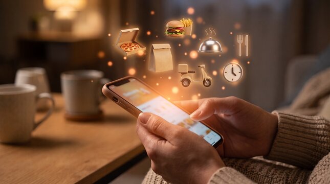 Person using smartphone for online food ordering showing glowing holographic icons of fast meals pizza burger delivery scooter and clock 