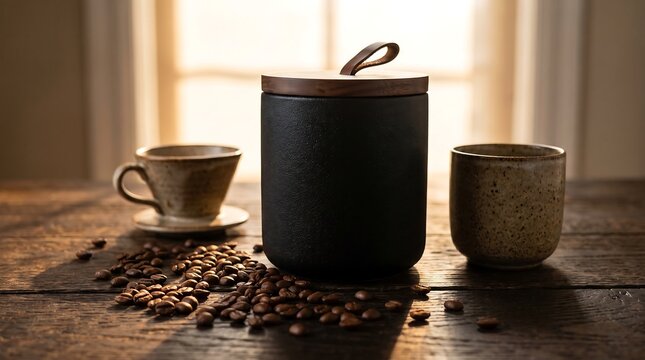 Dark ceramic coffee canister with wooden lid next to two speckled ceramic cups and scattered roasted coffee beans on a rustic wooden table