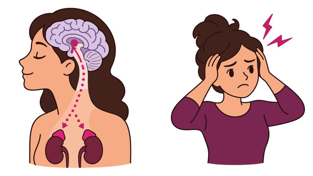 Brain signaling to adrenal glands beside a woman with a headache