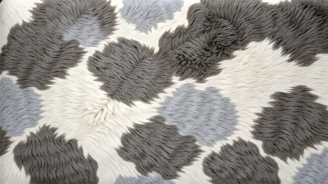 Top view of a cozy faux fur rug texture featuring an organic spotted cow print pattern in white, grey, and charcoal tones, perfect for winter interior design background.