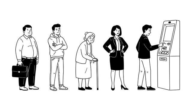 Group of diverse people waiting in line to use an automated bank atm terminal with financial