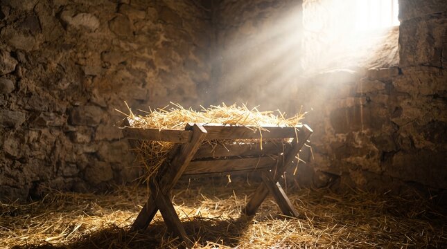 Rustic wooden manger with hay inside dark stone stable, heavenly sunbeams shining down on Christmas nativity scene