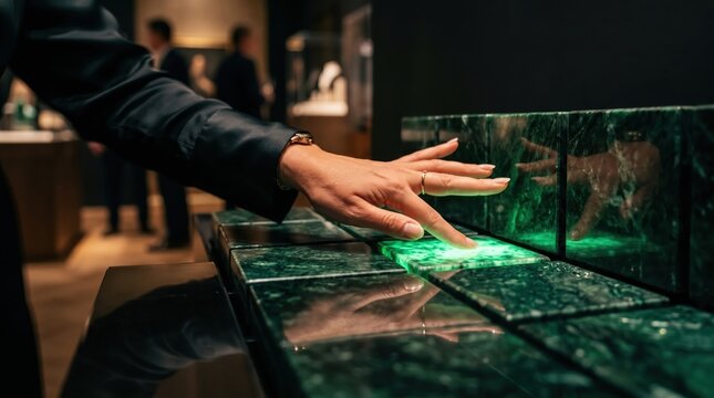 Hand touching illuminated green glass panel