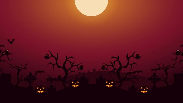 Halloween Background Video 4k with Full Moon Graveyard Silhouette Jack-O-Lanterns and Flying Bats