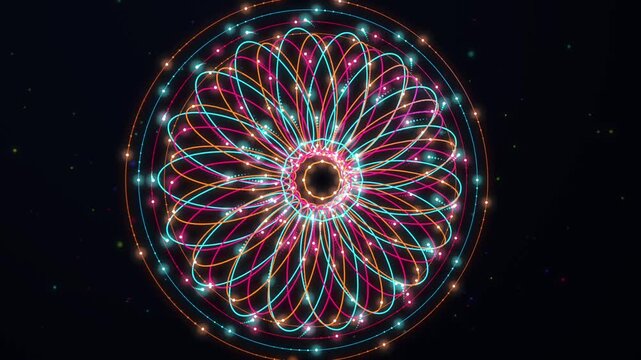 Rotating neon flower mandala with colorful light paths