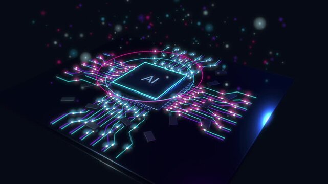 Glowing AI chip with moving data particles and neon circuits