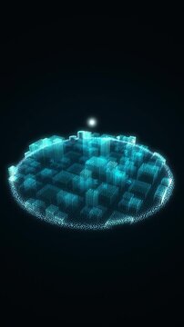Vertical cyan LiDAR point cloud city scan with pulsing rings and orbiting camera