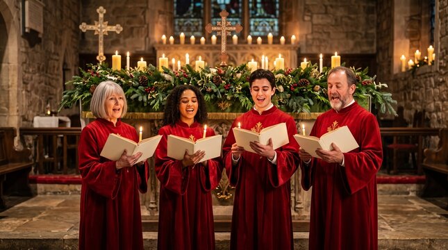 Diverse choir singing Christmas carols in a church wearing red robes and holding hymnals