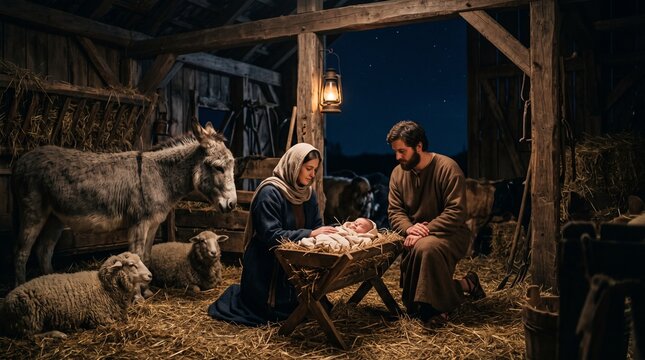 Living nativity scene with Mary and Joseph watching over baby Jesus in a manger inside a rustic stable with farm animals