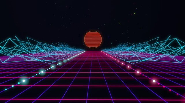 Neon synthwave landscape with moving grid and light trails