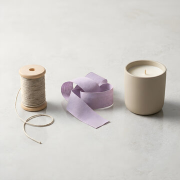 Minimalist scented candle, purple silk ribbon, craft twine spool on desk
