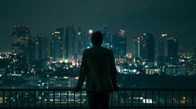 Wide shot of a man standing alone on a rooftop at night overlooking a glowing city skyline, hands