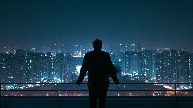 Wide shot of a man standing alone on a rooftop at night overlooking a glowing city skyline, hands