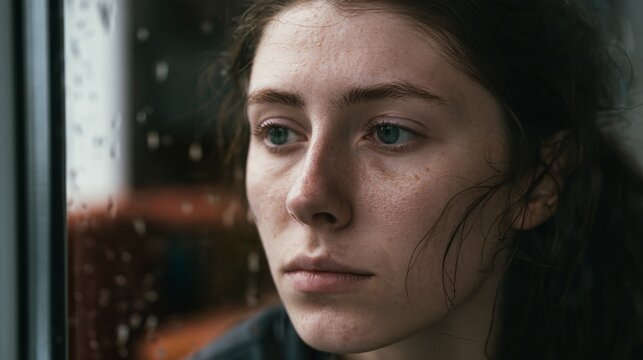 Close-up portrait of a young woman sitting alone by a rain-streaked window, expression calm but