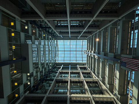 Looking up through the glass roofed atrium of an office building in downtown Wilmington, Delaware, United States