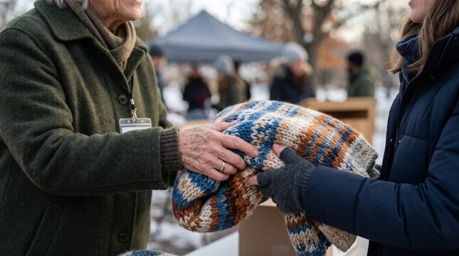 Volunteer handing a warm knitted blanket to a person during an outdoor winter clothing donation drive