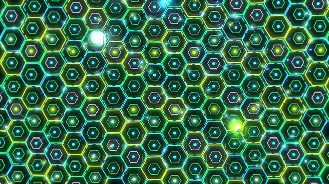 Neon honeycomb grid with flowing light pulses