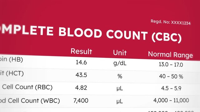 Complete blood count report, CBC report close up. RBC test, hemoglobin, red and white blood cells, platelet evaluation, health screening. 4k zoom in animation