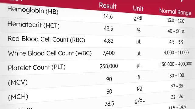 Complete blood count report, CBC report close up. RBC test, hemoglobin, red and white blood cells, platelet evaluation, health screening. 4k scrolling animation