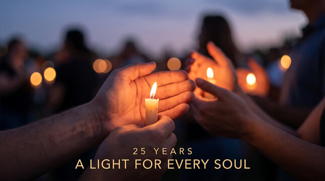 Hands carefully cupping lit candles during an evening vigil with blurred figures wax taper handheld