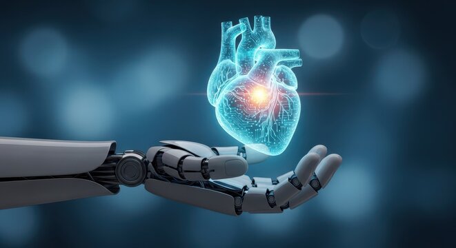 Robotic hand holding a glowing digital human heart model in a dark technological environment