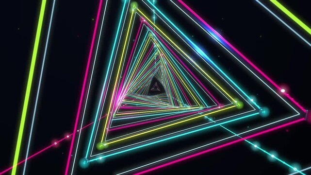Glowing triangular tunnel with moving neon particles