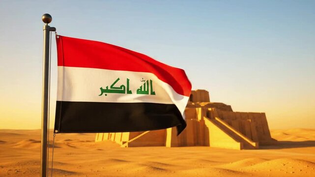 Iraqi flag waving proudly in the desert wind against the ancient architectural ruins of a historic Mesopotamian ziggurat monument