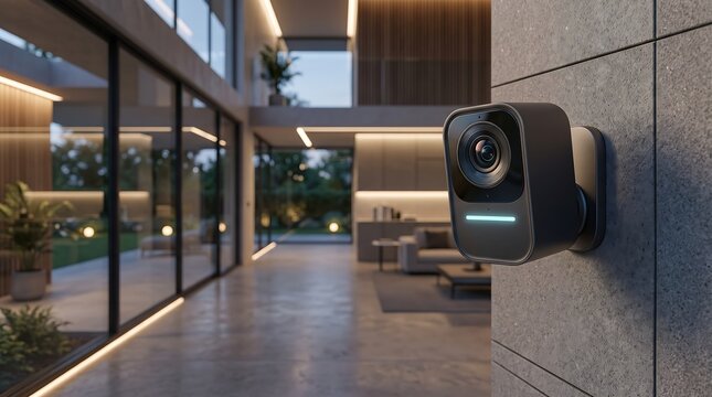 A black smart security camera mounted on a textured stone wall overlooking a open plan living room with large glass windows at dusk