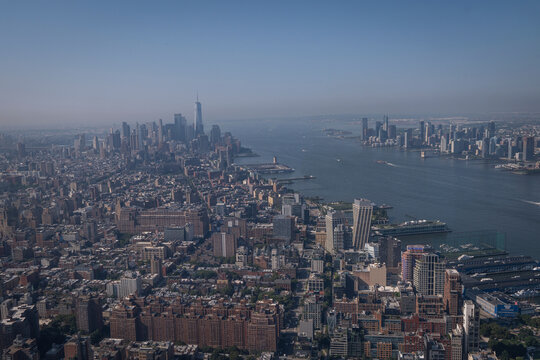 View south over Manhattan between the Hudson and the East River from an observation deck in New York, United States