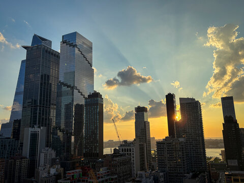 Towers of Hudson Yards catching the light of the setting sun in Manhattan, New York City, United States