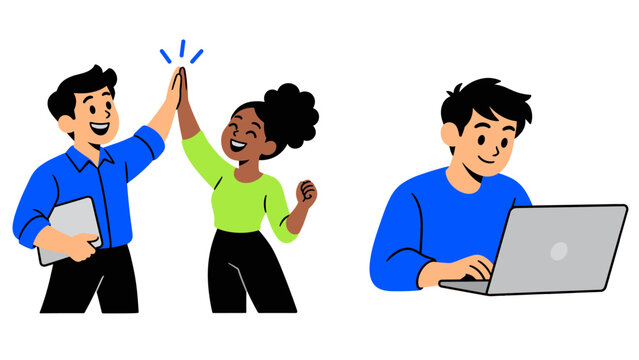 Coworkers celebrate a high five as a colleague works on a laptop