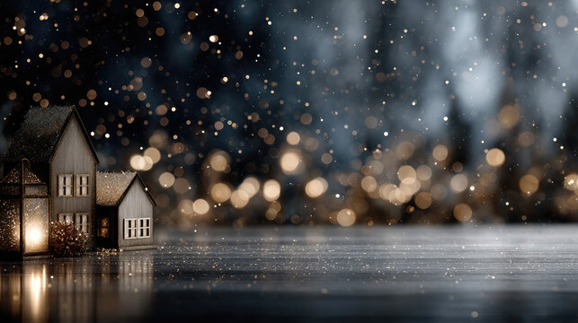 Miniature village houses glowing warmly on a reflective dark surface, surrounded by sparkling snow and golden bokeh lights for a cozy, festive winter holiday scene