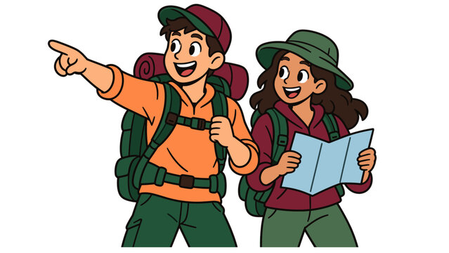 Hikers navigating together as one points and another checks a map