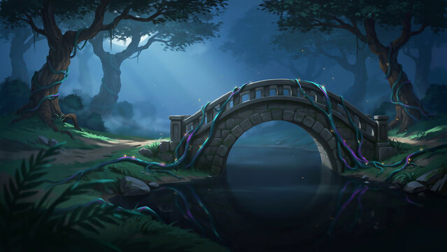 Enchanted stone bridge over calm water in a misty forest