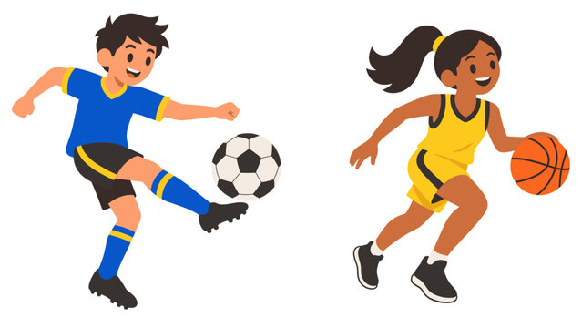 Boy kicking a soccer ball as a girl dribbles a basketball